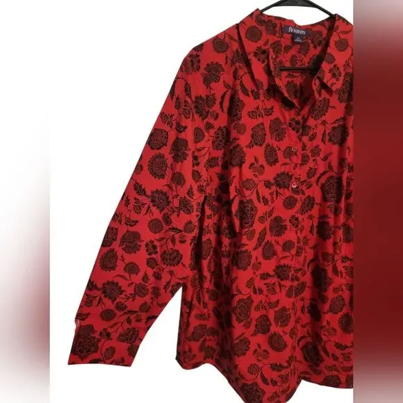#78 Roaman's Red Black Floral Womens Button Up Shirt, Plus Size 24W - Picture 4 of 9